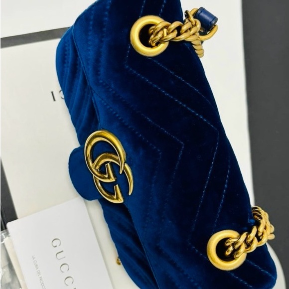 Gucci Cobalt Blue Velvet and Gold Small Marmont Shoulder Bag Authentic 2 - Picture 9 of 16